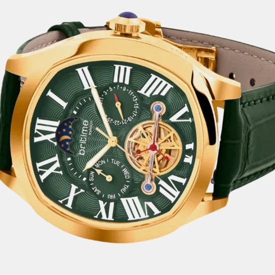 Men Automatic Green Dial Multi-Function Leather Watch