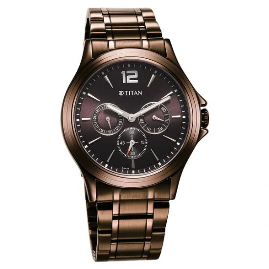 Titan Neo Splash Quartz Multifunction Brown Dial Stainless Steel Strap Watch for Men