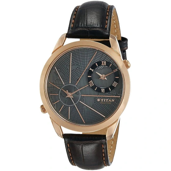 Titan Globe Trotter Anthracite Dial Dual Time Leather Strap watch for Men