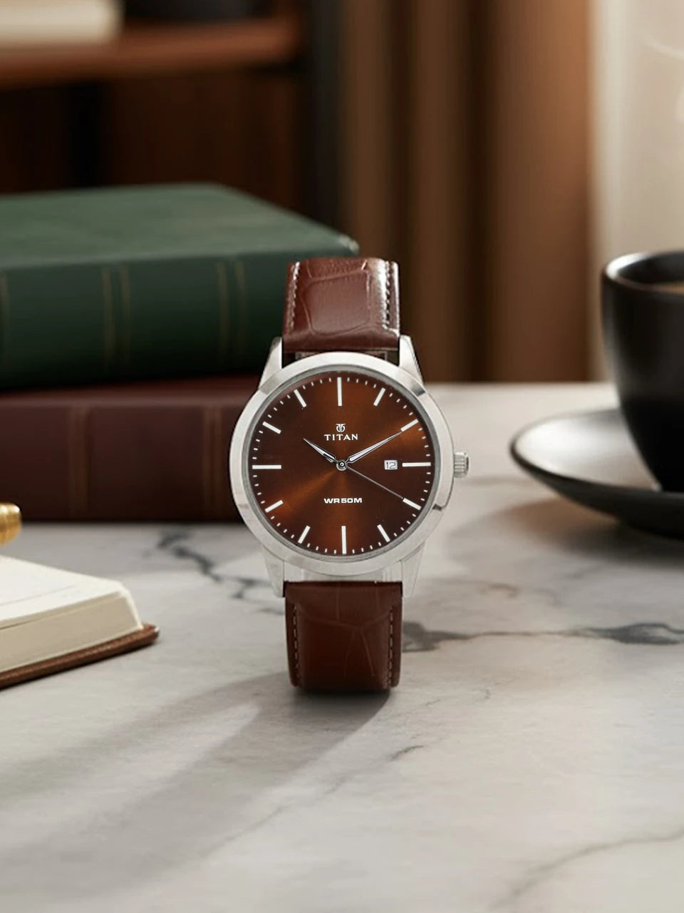 Titan Eco with Date Brown Dial Brown LeatherStrap Analog Watch - For Men
