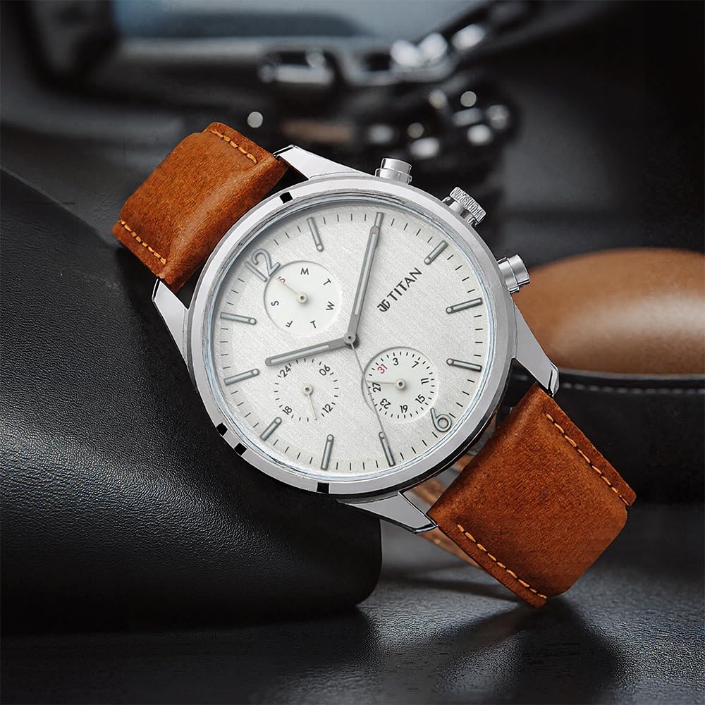 Titan Men's Metropolitan Charm: Men's Multifunctional Black Watch with Leather Strap