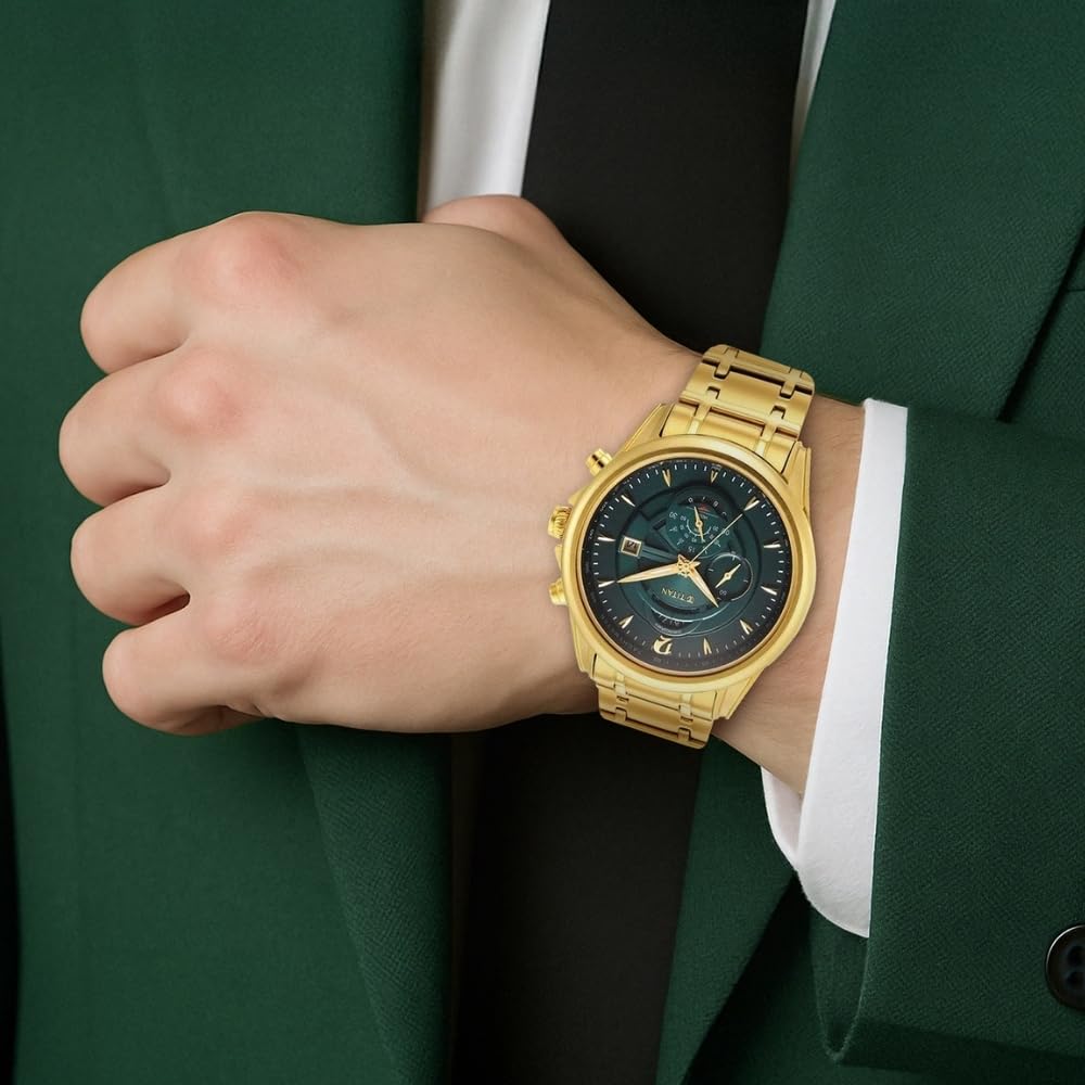 Titan Regalia Premium Quartz Chronograph with Date Forest Green Dial Gold Stainless Steel Strap Watch for Men