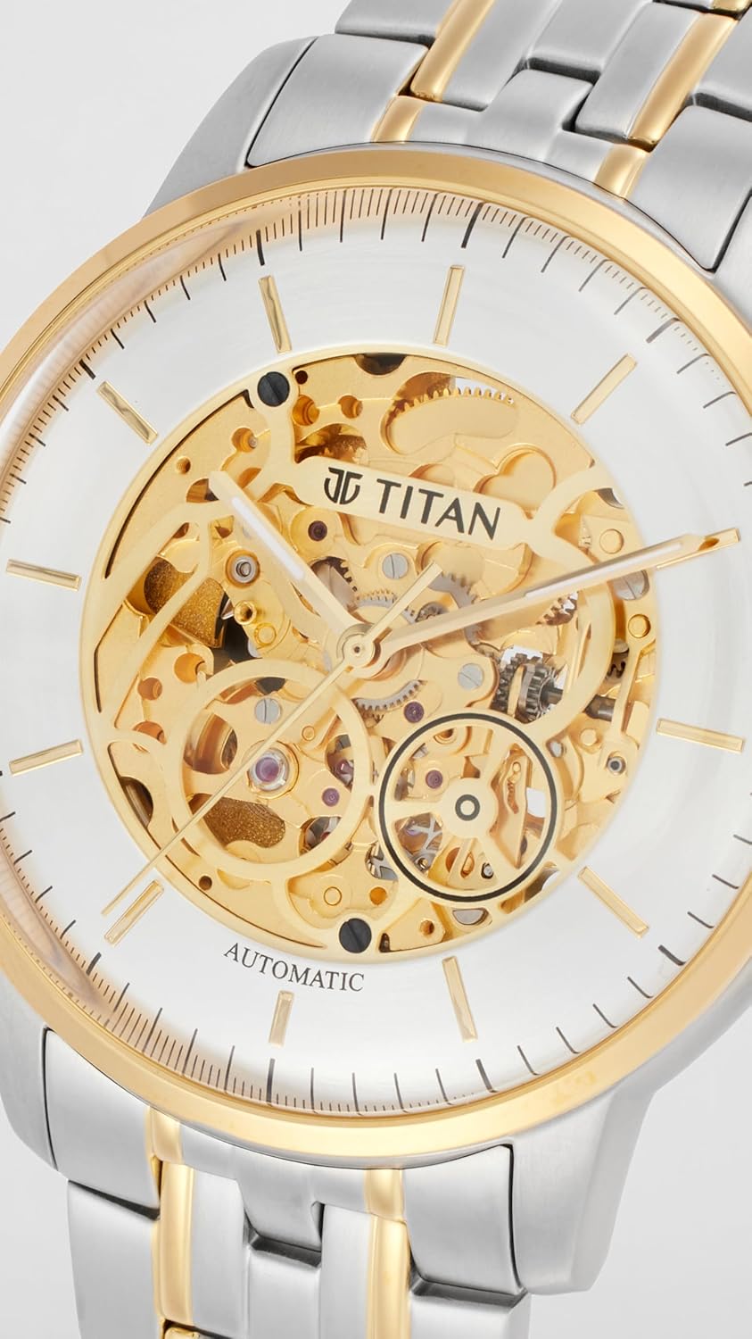 Titan Golden Heart Skeletal Automatic Analog with Silver Dial Dual-Tone Stainless Steel Strap Watch for Men