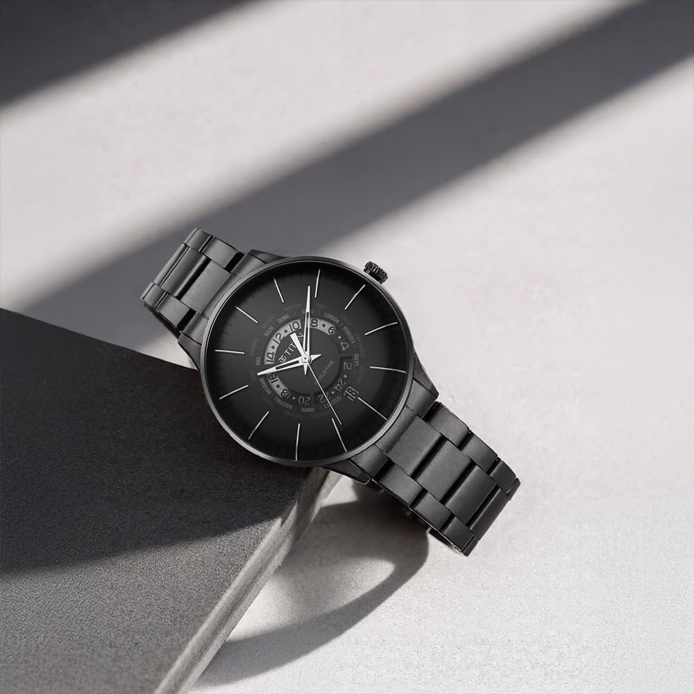 Titan Black Dial World Time with Date Stainless Steel Strap watch for Men