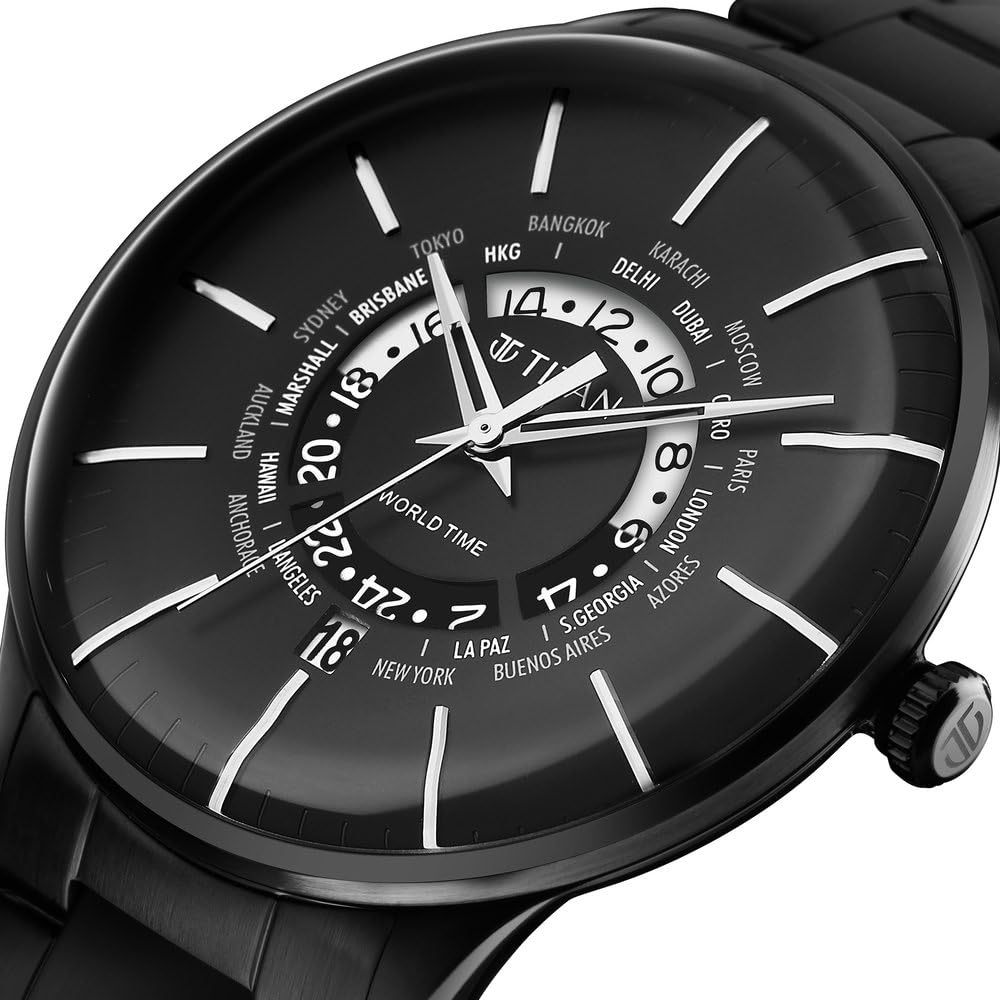 Titan Black Dial World Time with Date Stainless Steel Strap watch for Men
