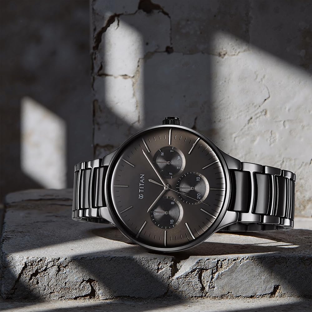 Titan Ceramic Fusion Multifunction Black Round Dial Two Toned Stainless Steel Strap Watch For Men