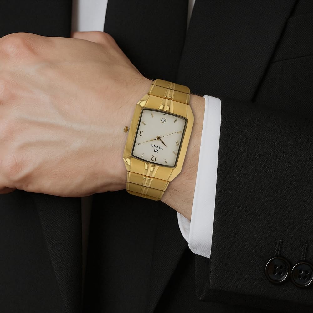 Titan Rectangle White Dial Analog with Date Metal Strap Watch for Men