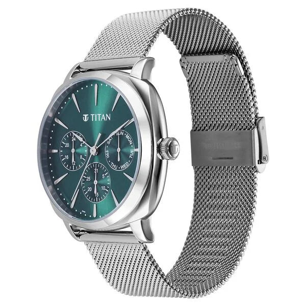 Titan Classique Suave Quartz Green Dial Silver Stainless Steel Mesh Strap Watch for Men