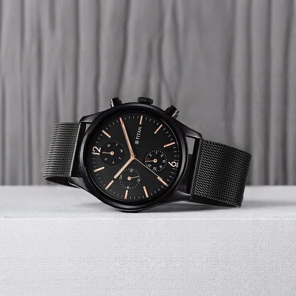 Titan Neo Black & Gold Quartz Analog with Day and Date Black Dial Stainless Steel Strap Watch for Men
