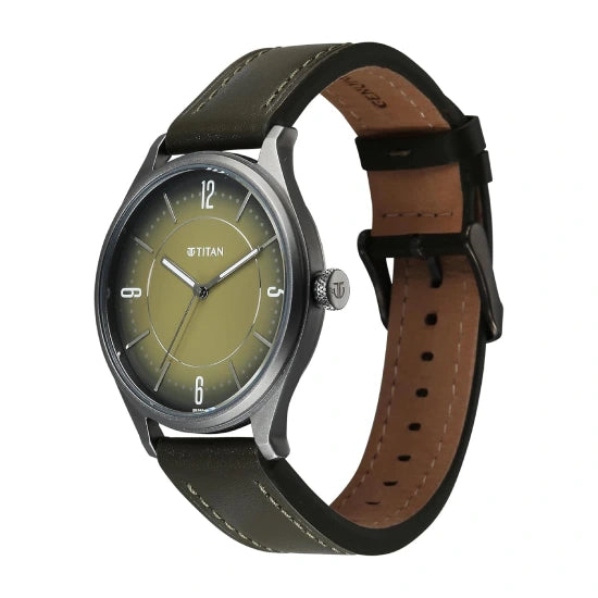 Titan Neo Basics II Quartz Green Round Dial Men's Watch | Genuine Leather Strap Material | Watches for Men Analog