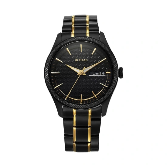 Titan Regalia Opulent Quartz Analog with Day & Date Black Dial Two Toned Black & Gold Stainless Steel Strap Watch for Men