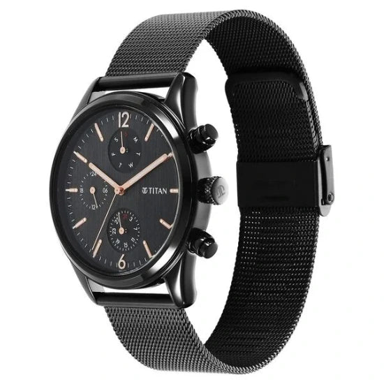 Titan Neo Black & Gold Quartz Analog with Day and Date Black Dial Stainless Steel Strap Watch for Men