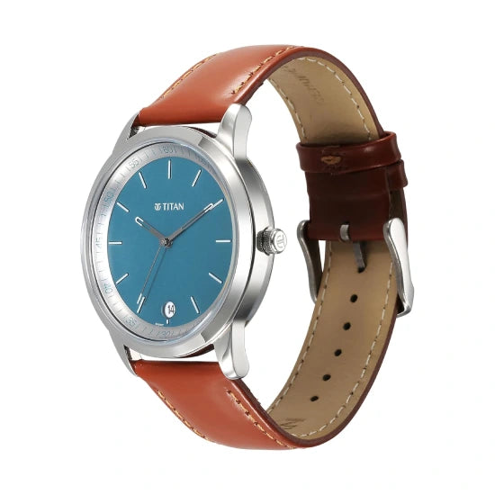 Titan Wrist with Quartz Analog with Date Blue Dial Brown Leather Strap Watch for Men