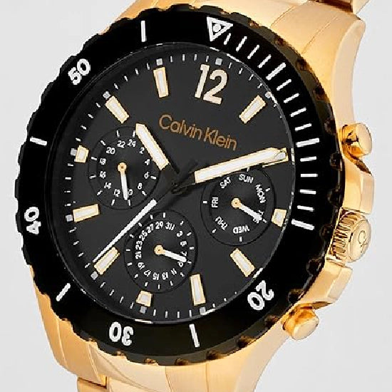 Calvin Klein Sport for Him Qtz Multifunction Black Round Dial Men's Watch|Ionic Plated Rose Gold Steel Material|Rose Gold Color Band