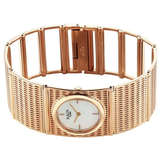 Titan Raga Ethereal Quartz Analog White Mother Of Pearl Dial Rose Gold Stainless Steel Strap Watch For Women