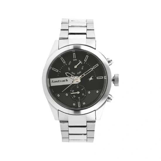 Fastrack All Nighters Quartz Multifunction Black Dial Silver Metal Strap Watch for Guys