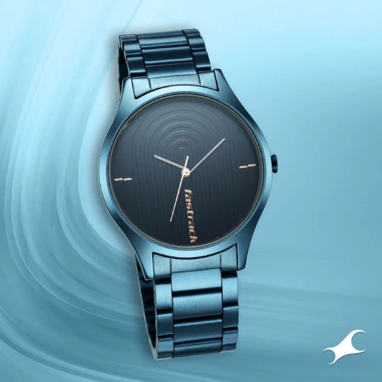 Fastrack Style Up Quartz Analog Blue Dial Blue Stainless Steel Strap Watch for Guys