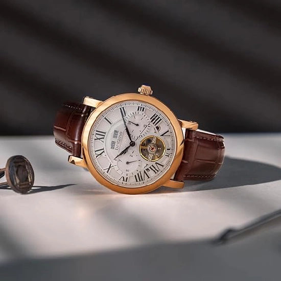 Men’s Automatic Motion Brown Leather Strap Watch with Silver Dial and Multi-Function Design