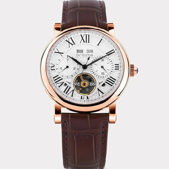 Men’s Automatic Motion Brown Leather Strap Watch with Silver Dial and Multi-Function Design