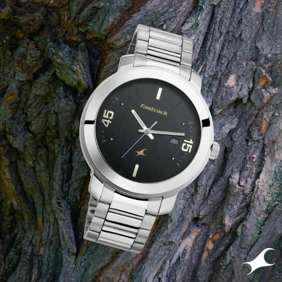 Fastrack Bare Basics Quartz Analog with Date Black Dial Silver Stainless Steel Strap Watch for Guys