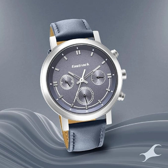 Fastrack Tick Tock Quartz Multifunction Orange Dial Leather Strap Watch for Guys