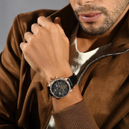 Orbit Men’s Automatic Rose Gold Dial Multifunction Watch Stylish Leather Strap | Round Dial | Elegant Timepiece for Any Occasion