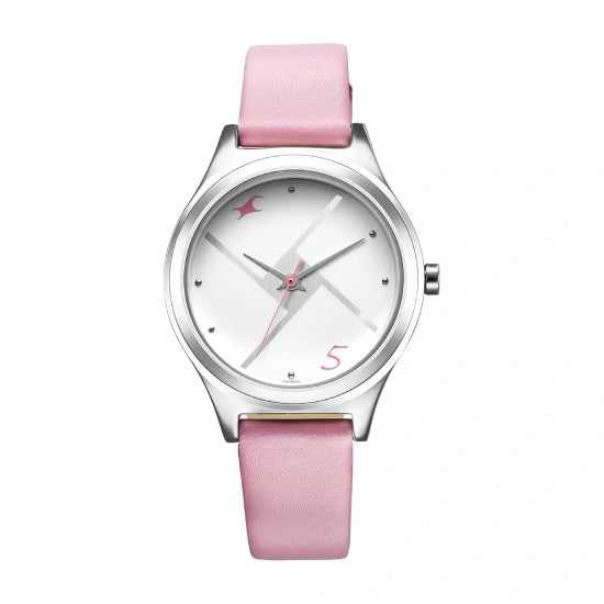 Fastrack Stunners Quartz Analog Silver Dial Pink Leather Strap Watch for Girls