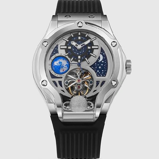 Asteroid Men’s Automatic Watch – Silver Dial, Black Silicon Strap, Multi-Function