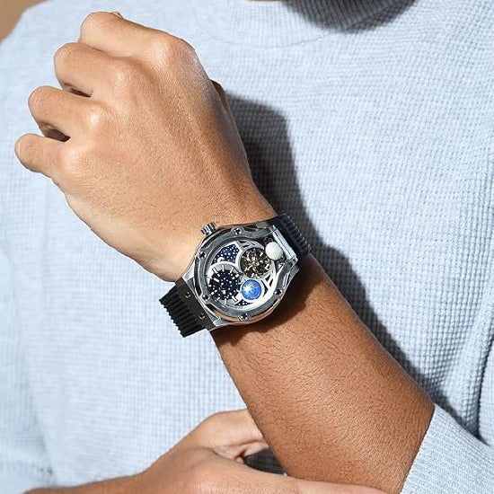 Asteroid Men’s Automatic Watch – Silver Dial, Black Silicon Strap, Multi-Function