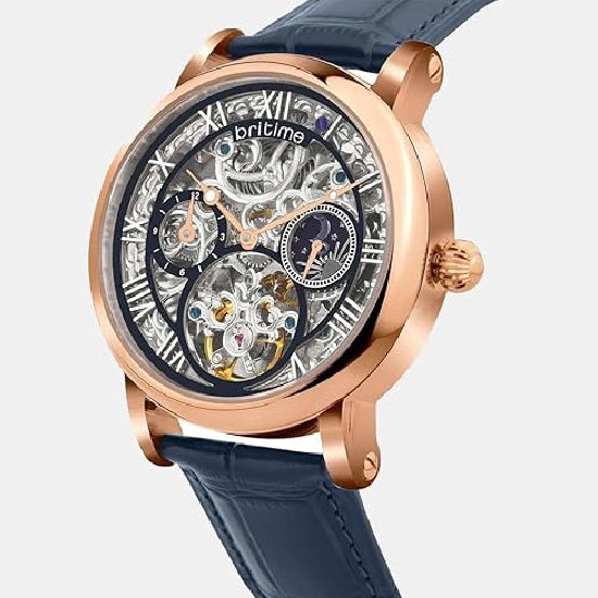 Stellor Open Heart Men Automatic Blue Dial Multi-Function Leather Watch