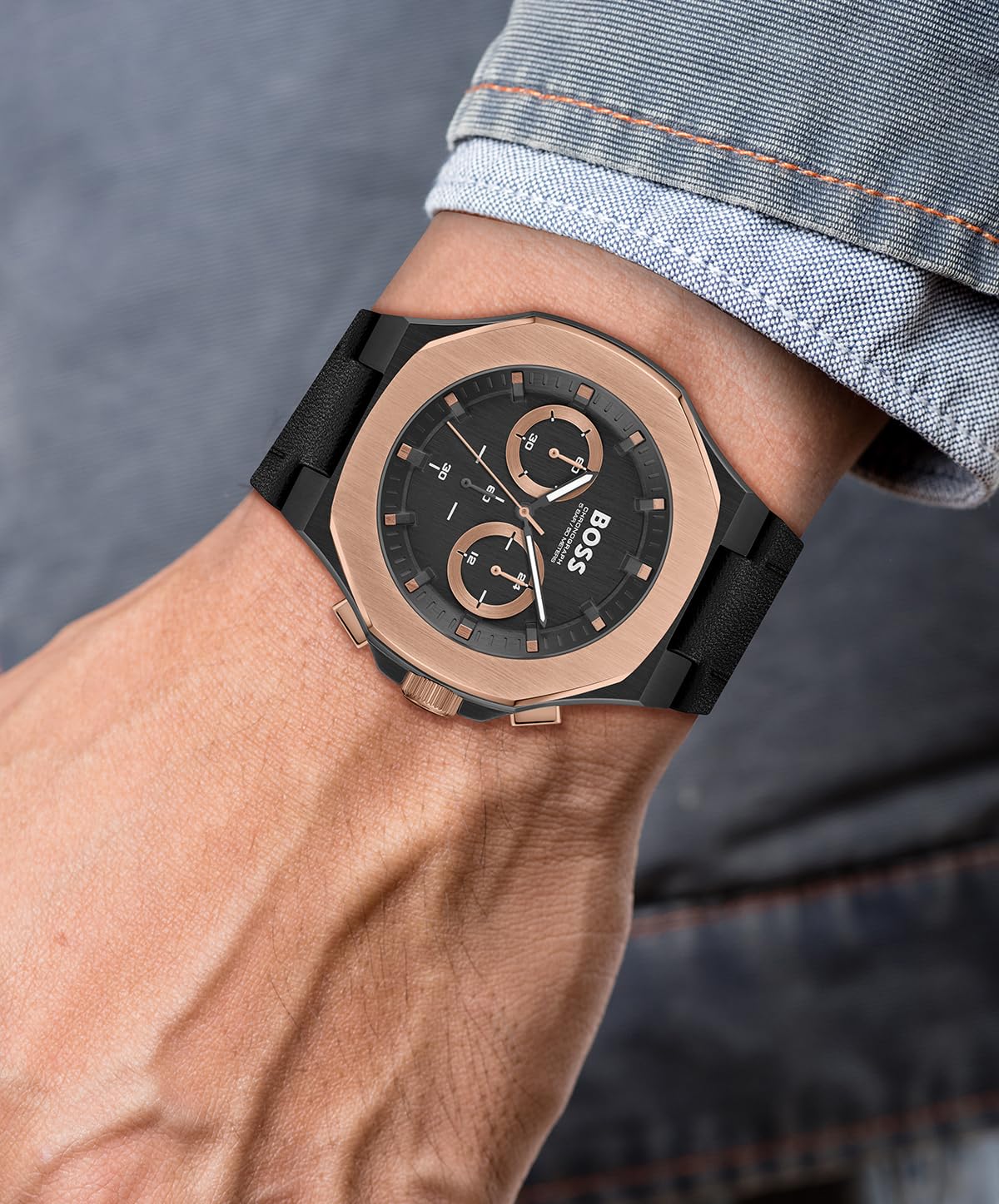 BOSS Taper Qtz Fashion Chrono Black Dial Men's Watch|Leather Material|Black Color Band