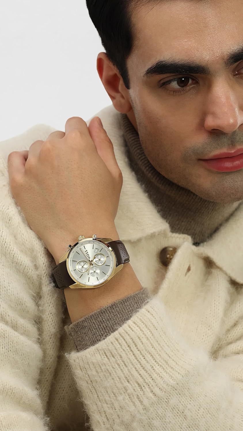 BOSS Grand Prix 44 Qtz Fashion Chrono Silver White Round Dial Men's Watch|Brown Leather Material|Brown Color Band