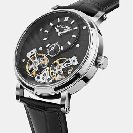 Men Automatic Black Dial Multi-Function Leather Watch