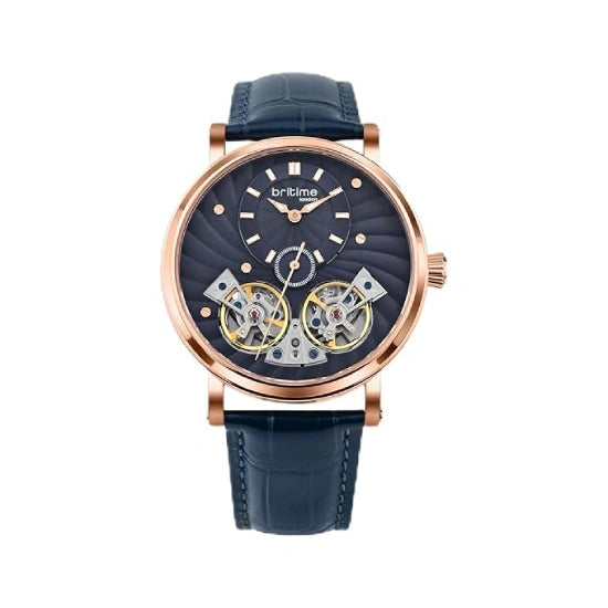 Men Automatic Rose Gold Dial Multi-Function Leather Watch