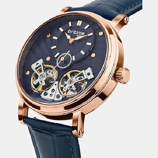 Men Automatic Rose Gold Dial Multi-Function Leather Watch