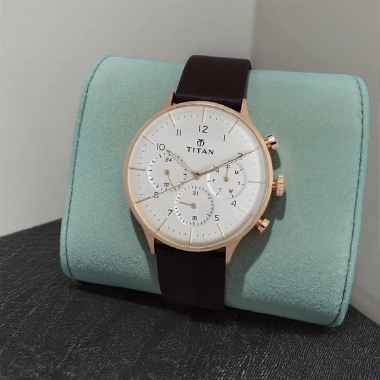 Titan Quartz Multifunction White Dial Leather Strap Watch for Men