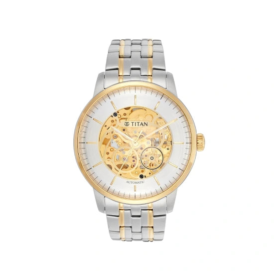 Titan Golden Heart Skeletal Automatic Analog with Silver Dial Dual-Tone Stainless Steel Strap Watch for Men