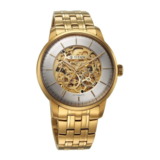 Titan Golden Heart Skeletal Automatic Analog with Silver Dial Yellow Gold Stainless Steel Strap Watch for Men