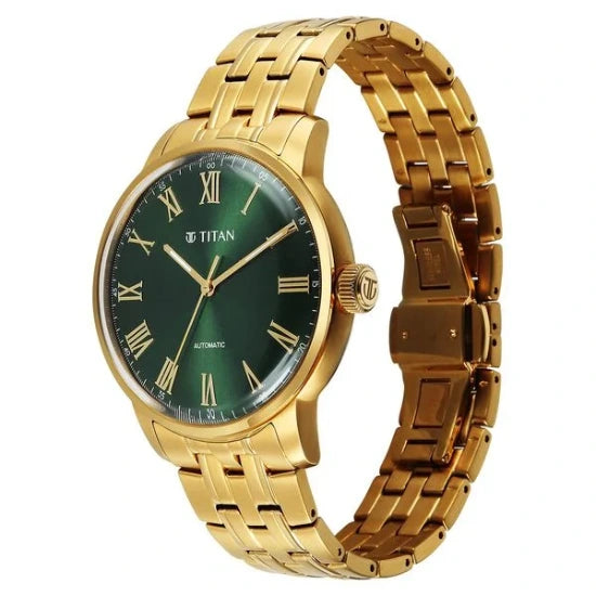 Titan Aurelian Concealed Automatic Analog with Green Dial Roman Numerals Yellow Gold Stainless Steel Strap Watch for Men