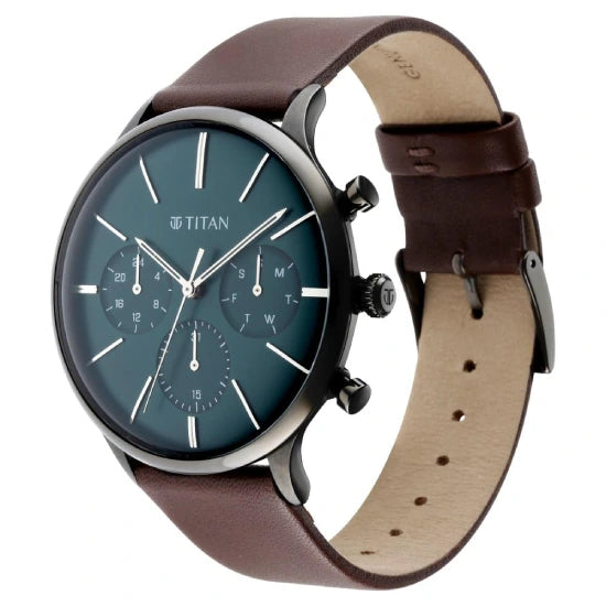 Titan Quartz Multifunction Green Dial Leather Strap Watch for Men