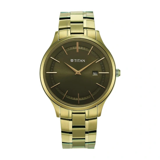 Titan Classique Slimline Green Dial Analog with Day and Date Stainless Steel Strap watch for Men