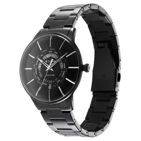 Titan Black Dial World Time with Date Stainless Steel Strap watch for Men