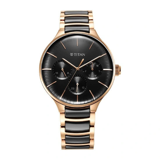 Titan Ceramic Fusion Quartz Multifunction Black Dial Rose Gold Dual-Toned Stainless Steel Bracelet Watch for Men