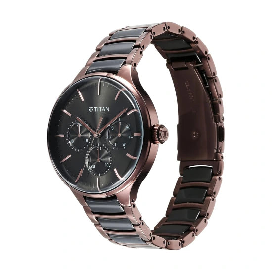 Titan Ceramic Fusion Multifunction Black Dial With Two Toned Color Stainless Steel Strap Watch For Men