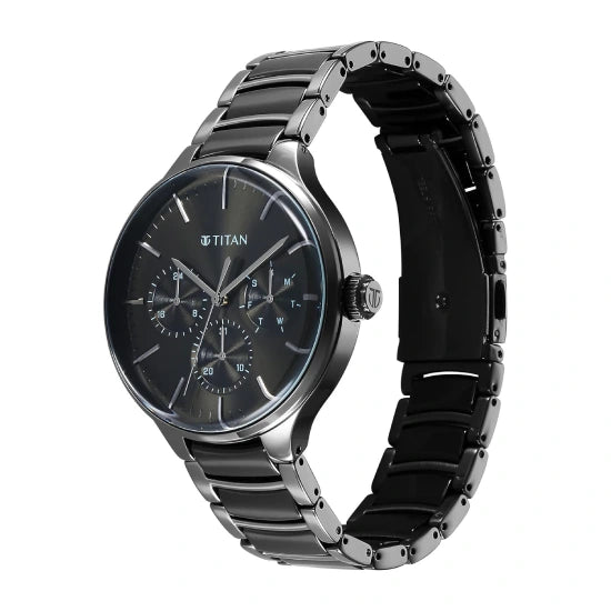 Titan Ceramic Fusion Multifunction Black Round Dial Two Toned Stainless Steel Strap Watch For Men