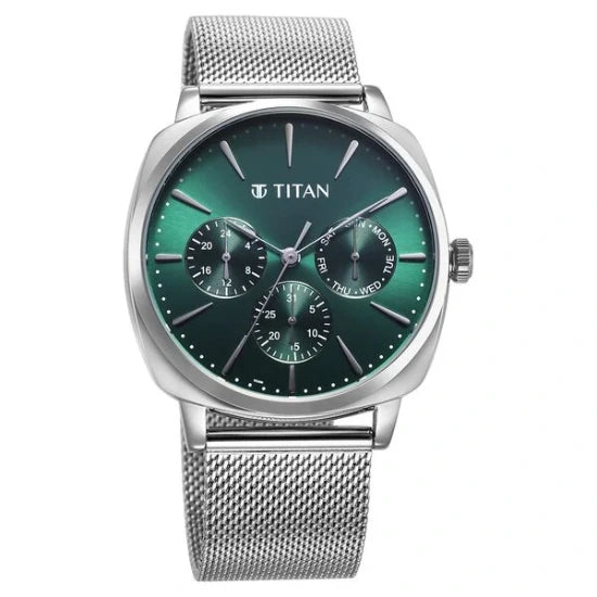 Titan Classique Suave Quartz Green Dial Silver Stainless Steel Mesh Strap Watch for Men