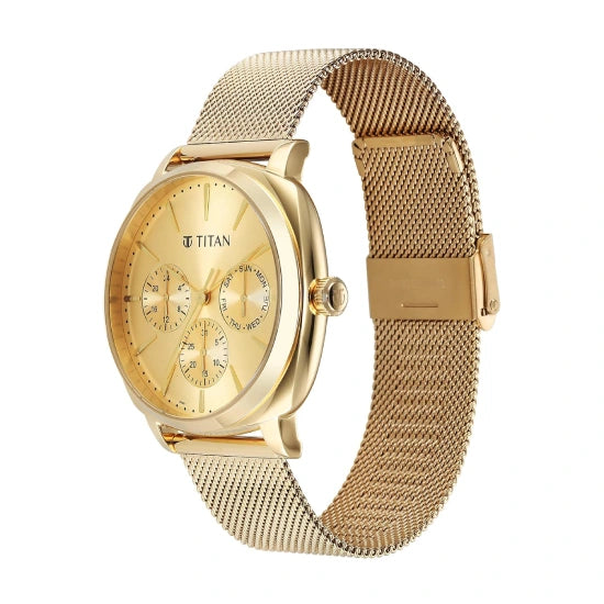 Titan Classique Suave Quartz Yellow Dial Golden Stainless Steel Mesh Strap Watch for Men