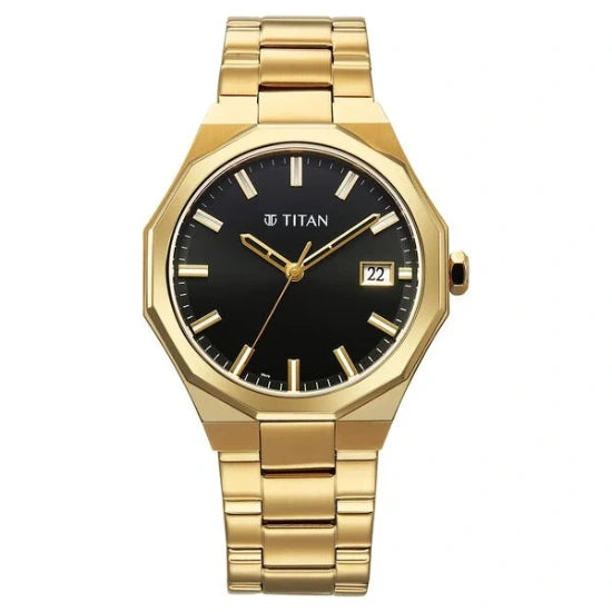 Titan Regalia Dodecagon Quartz Analog with Date Black Dial Golden Stainless Steel Strap Watch For Men