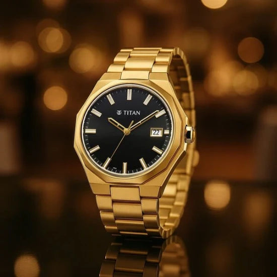 Titan Regalia Dodecagon Quartz Analog with Date Black Dial Golden Stainless Steel Strap Watch For Men