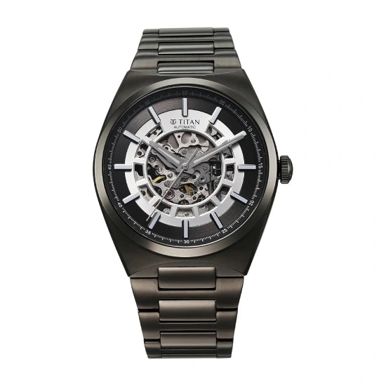Titan Nexus Skeletal Automatic Analog with Gun Dial Gun Stainless Steel Strap Watch for Men